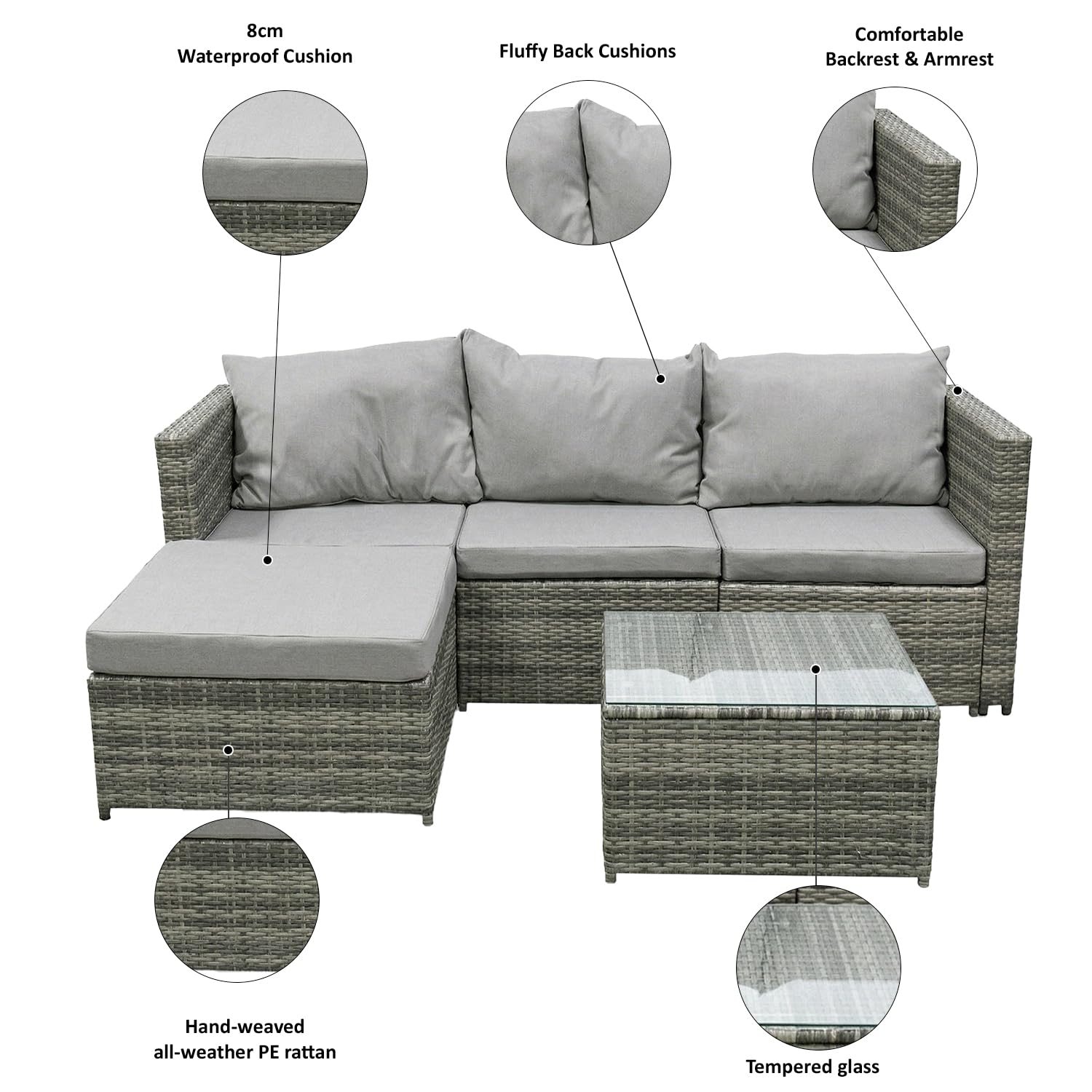 4 Seater Rattan Garden Corner Sofa Set with Glass Coffee Table & Cushions Grey