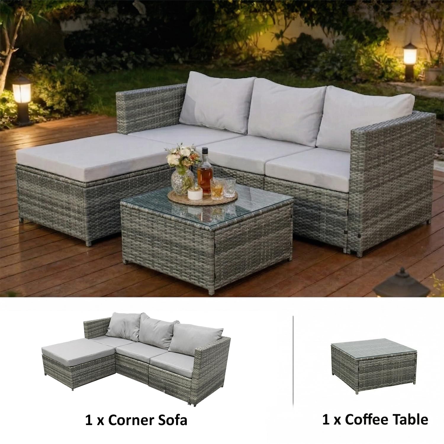 4 Seater Rattan Garden Corner Sofa Set with Glass Coffee Table & Cushions Grey