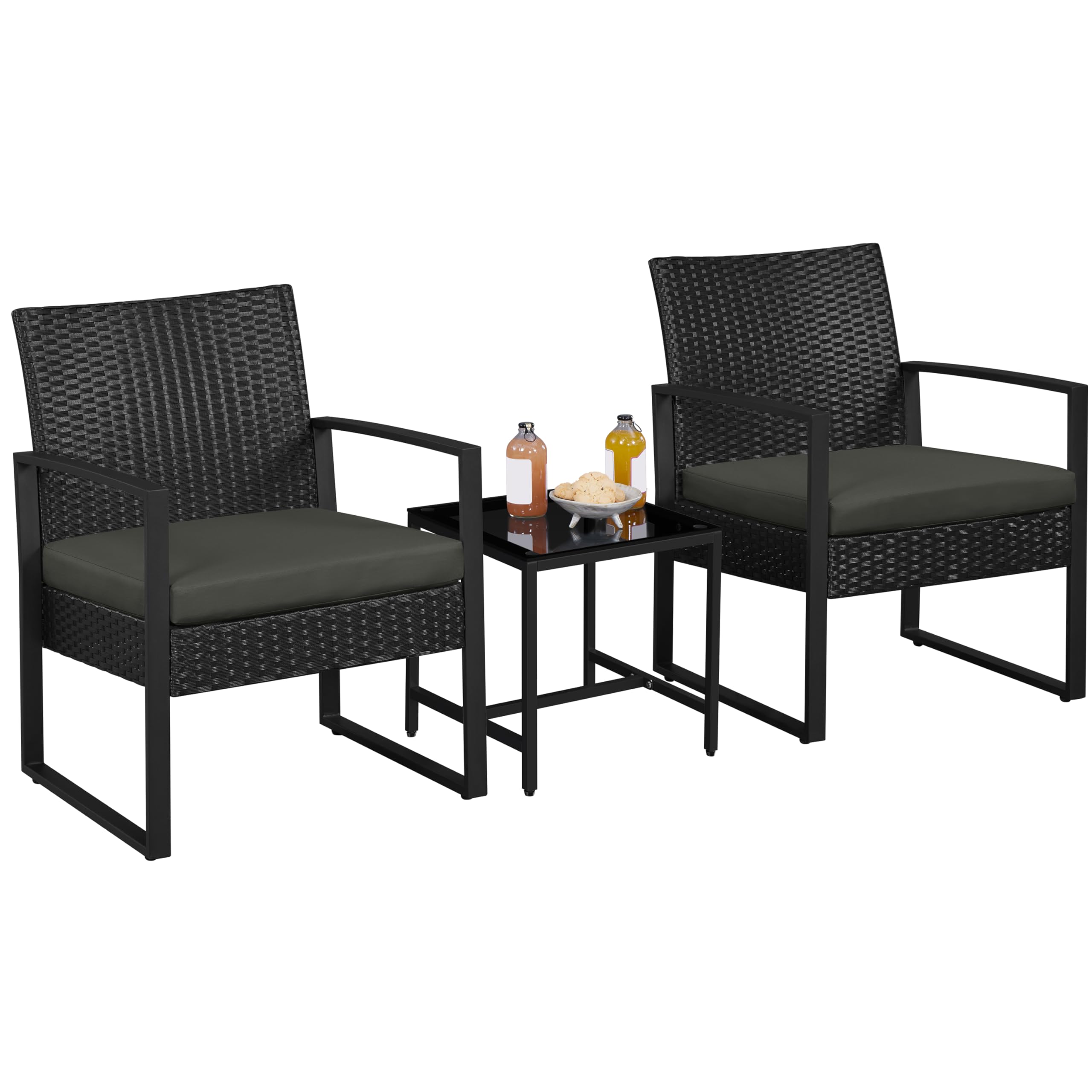 3 Piece Rattan Garden Bistro Set with Cushioned Chairs & Glass Table Black Grey