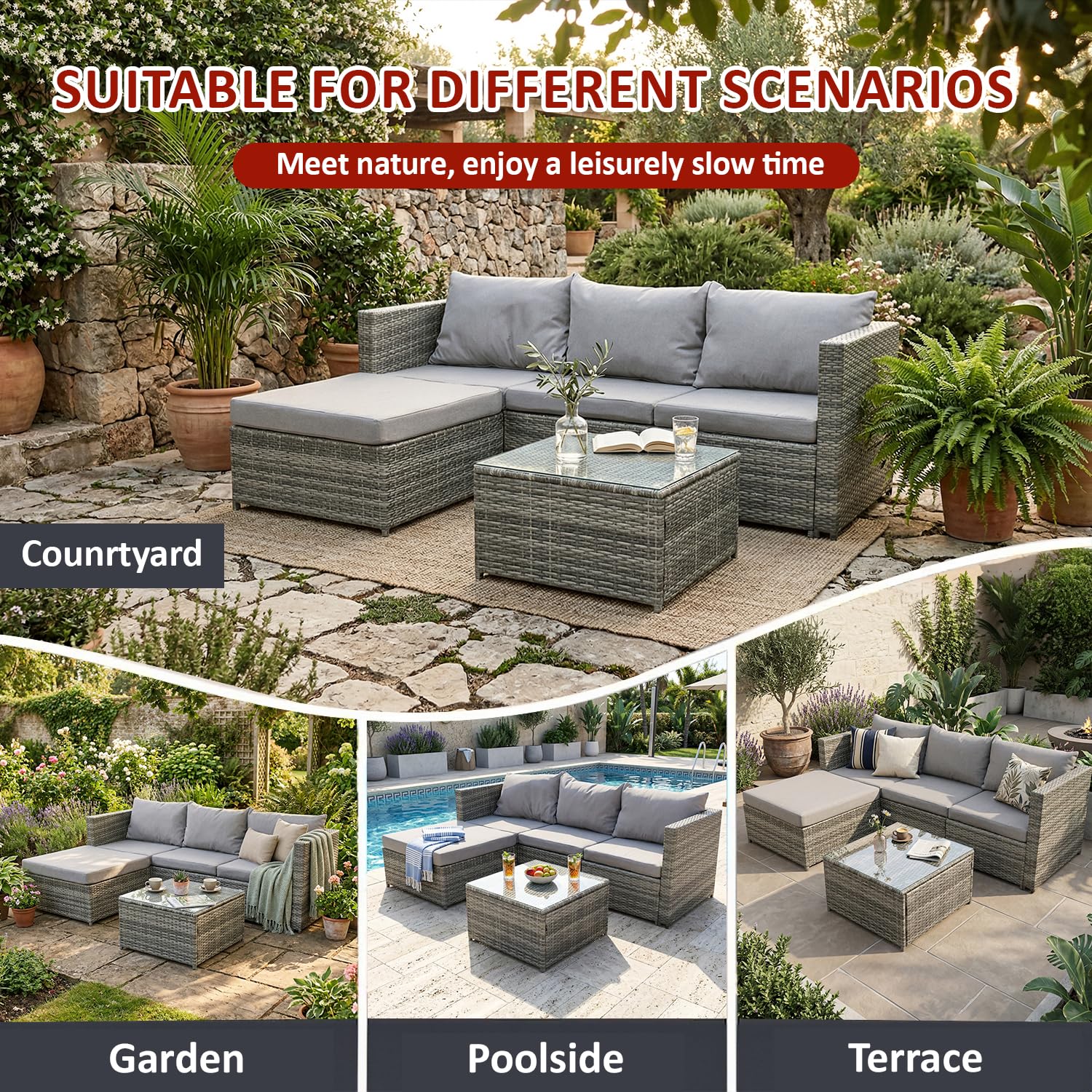 4 Seater Rattan Garden Corner Sofa Set with Glass Coffee Table & Cushions Grey