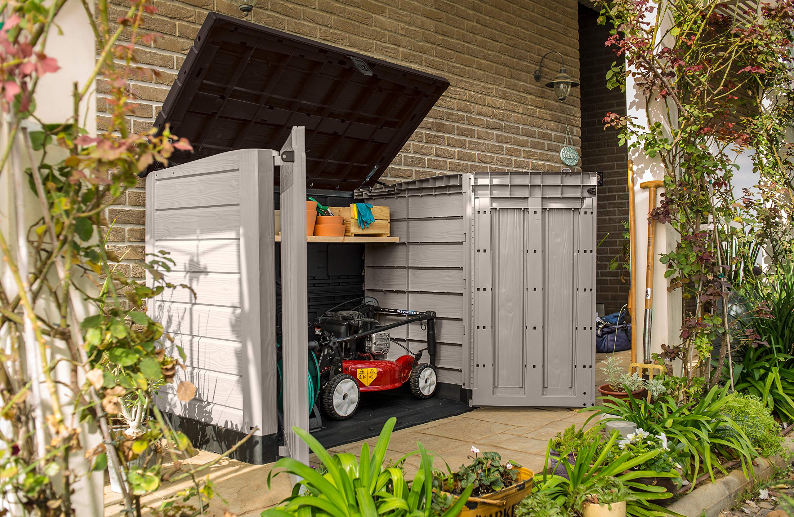 1200L Outdoor Garden Storage Shed with Piston Lid & Double Doors, Weather-Resistant Resin