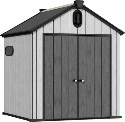6X6 FT Outdoor Resin Storage Shed, All Weather Resistant Plastic Shed W/Air Vents & Window, Floor & Lockable Door, Waterproof Outdoor Shed for Bike, Garbage Cans, Tools (Black & Grey)