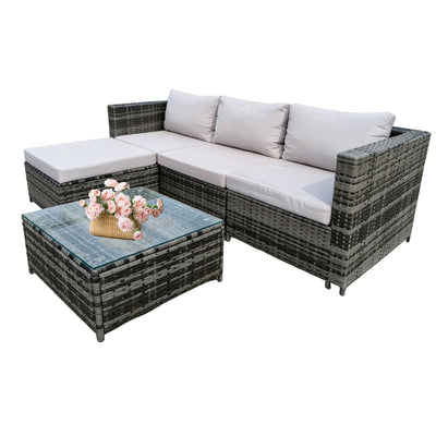 4 Seater Rattan Garden Corner Sofa Set with Ottoman & Glass Coffee Table Grey