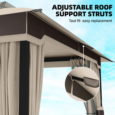 Outsunny 3 x 3.6 m Outdoor Garden Gazebo with Netting and Curtains, Double Roof Patio Gazebo Permanent Pavilion Canopy Shelter with Metal Frame, Drainage Holes, Khaki