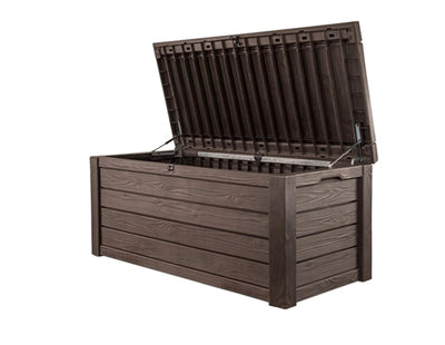 570L Outdoor Garden Storage Box, Brown Wood Panel Effect, Lockable, All-Weather, Fade-Free