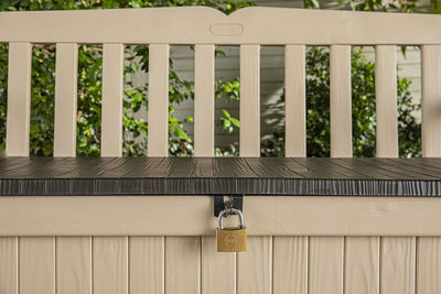 Keter Eden Bench 265L Outdoor 60% recycled Garden Furniture Storage Box Beige & Brown Wood Panel Effect | Fade Free | All Weather Resistant | Safe and Secure | Zero Maintenance | 2 year Warranty