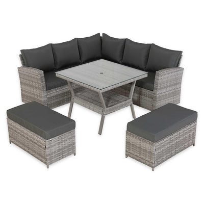 Spring Garden Bristol 9-Seater Rattan Garden Furniture Set with Parasol Hole & Cover,Flexible L-Shape Corner Sofa, 90cm Dining Table& 2 Benches - Free Rain Cover - Grey/Grey - All-Weather
