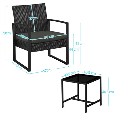 3 Piece Rattan Garden Bistro Set with Cushioned Chairs & Glass Table Black Grey