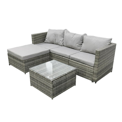 4 Seater Rattan Garden Corner Sofa Set with Glass Coffee Table & Cushions Grey