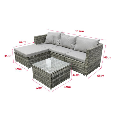 4 Seater Rattan Garden Corner Sofa Set with Glass Coffee Table & Cushions Grey