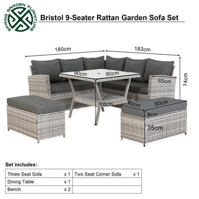 Spring Garden Bristol 9-Seater Rattan Garden Furniture Set with Parasol Hole & Cover,Flexible L-Shape Corner Sofa, 90cm Dining Table& 2 Benches - Free Rain Cover - Grey/Grey - All-Weather
