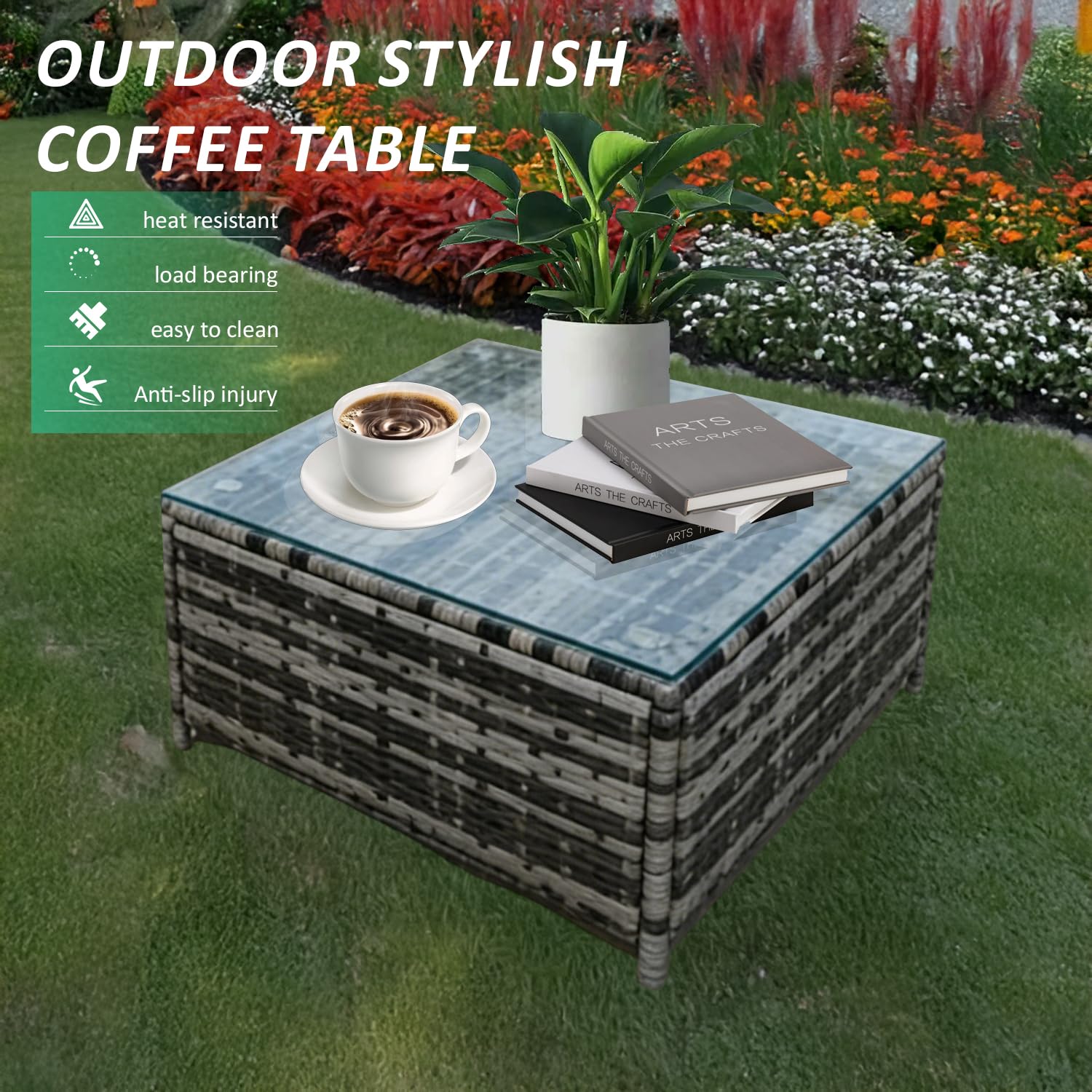 4 Seater Rattan Garden Corner Sofa Set with Ottoman & Glass Coffee Table Grey
