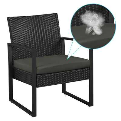 3 Piece Rattan Garden Bistro Set with Cushioned Chairs & Glass Table Black Grey