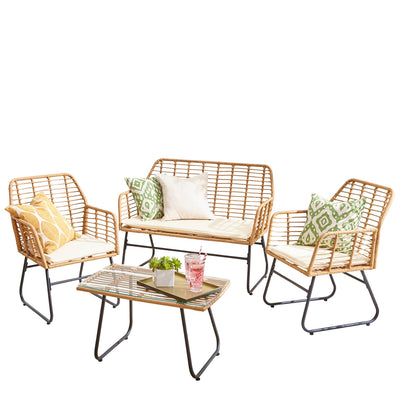 4 Piece Rattan Garden Furniture Set with Sofa, Chairs & Glass Coffee Table Natural
