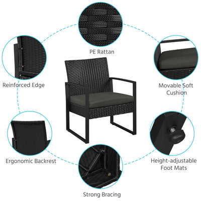 3 Piece Rattan Garden Bistro Set with Cushioned Chairs & Glass Table Black Grey