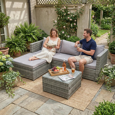 4 Seater Rattan Garden Corner Sofa Set with Glass Coffee Table & Cushions Grey