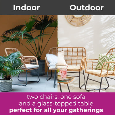 4 Piece Rattan Garden Furniture Set with Sofa, Chairs & Glass Coffee Table Natural