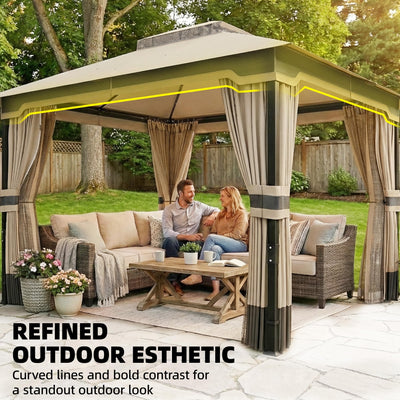 Outsunny 3 x 3.6 m Outdoor Garden Gazebo with Netting and Curtains, Double Roof Patio Gazebo Permanent Pavilion Canopy Shelter with Metal Frame, Drainage Holes, Khaki