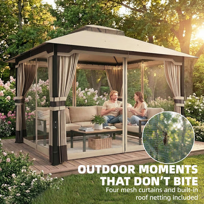 Outsunny 3 x 3.6 m Outdoor Garden Gazebo with Netting and Curtains, Double Roof Patio Gazebo Permanent Pavilion Canopy Shelter with Metal Frame, Drainage Holes, Khaki