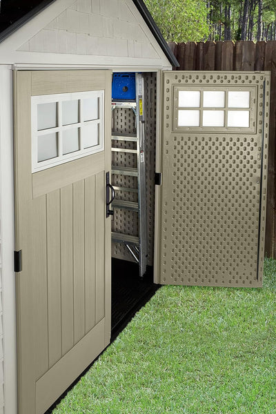 Resin Outdoor Storage Shed with Floor (7 X 7 Ft), Weather Resistant, Beige/Brown, Organization for Home/Backyard/Garden Tools/Lawn Mower/Bike Storage/Pool Supplies