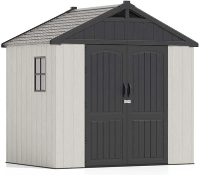 8' X 6' Resin Outdoor Storage Shed with Floor, Plastic Shed with Window and Lockable Door, Ideal for Garden, Backyard, and Tool Storage. Easy Installation in Gray and White