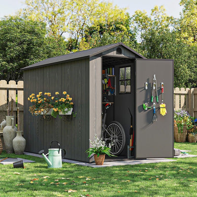4X8 FT Plastic Outdoor Storage Shed with Floor, Resin outside Shed with Windows and Lockable Door for Backyard Garden Patio Lawn, Easy Installation, Gray (Fit-It Shed)
