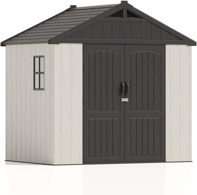 8' X 6' Plastic Outdoor Storage Shed with Floor, Resin Shed with Window and Lockable Door for Garden, Backyard, Tool Storage Use, Easy to Install in Gray and White (Kick-It Shed)
